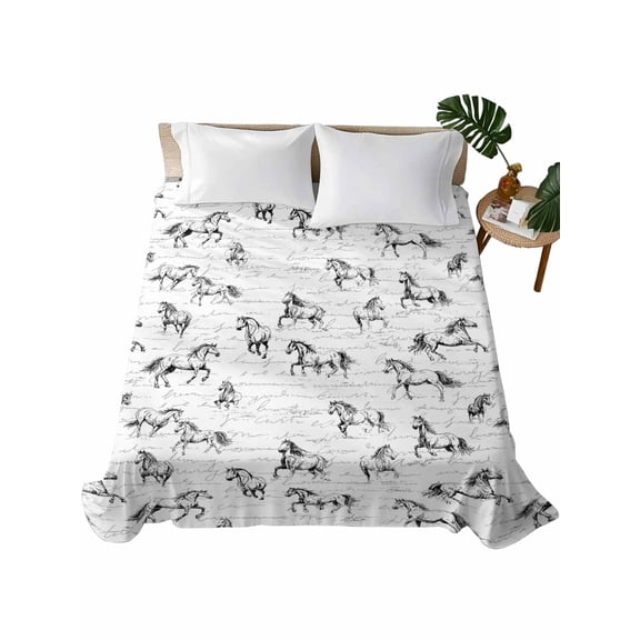 Queen Flat Sheet 90"x102", Black Horse Soft Lightweight Bedding Flat Sheets Only, Watercolor Vintage Animals Brushed Microfiber Top Bed Sheet, Breathable StainResistant Bedsheets