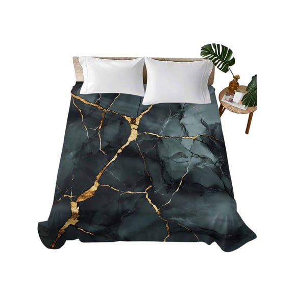 Queen Flat Sheet 90"x102", Black Teal Marble Soft Lightweight Bedding Flat Sheets Only, Modern Ink Painting Art Abstract Brushed Microfiber Top Bed Sheet, Breathable StainResistant Bedsheets