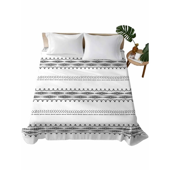 Queen Flat Sheet 90"x102", Black White Modern Geometric Soft Lightweight Bedding Flat Sheets Only, Abstract Art Aesthetics Brushed Microfiber Top Bed Sheet, Breathable StainResistant Bedsheets