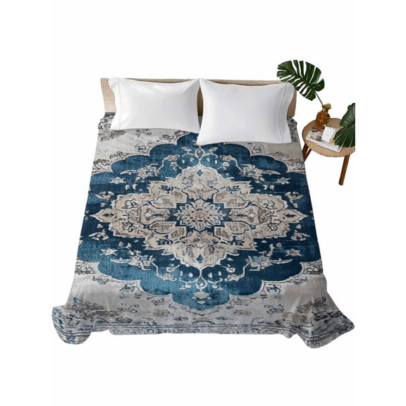 Queen Flat Sheet 90"x102", Blue Boho Floral Soft Lightweight Bedding Flat Sheets Only, Vintage National Floral Textured Brushed Microfiber Top Bed Sheet, Breathable StainResistant Bedsheets