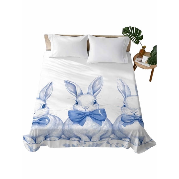 Queen Flat Sheet 90"x102", Blue Bunny Easter Soft Lightweight Bedding Flat Sheets Only, Vintage Rabbit Spring Floral Brushed Microfiber Top Bed Sheet, Breathable StainResistant Bedsheets