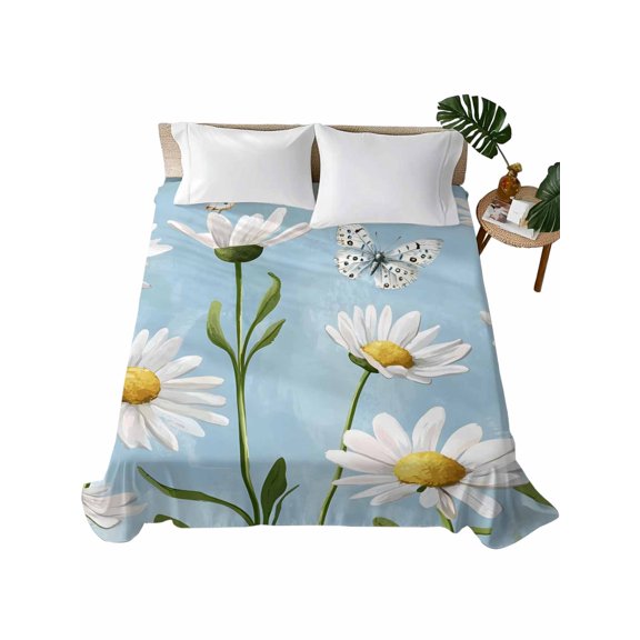 Queen Flat Sheet 90"x102", Blue Daisy Flower Soft Lightweight Bedding Flat Sheets Only, White Farmhouse Floral Spring Brushed Microfiber Top Bed Sheet, Breathable StainResistant Bedsheets