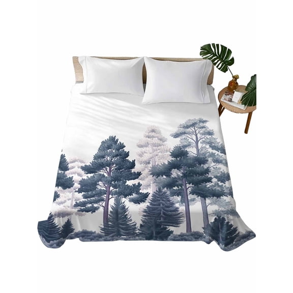 Queen Flat Sheet 90"x102", Blue Forests Tree Soft Lightweight Bedding Flat Sheets Only, Pine Maple Trees Nature Pure Color Brushed Microfiber Top Bed Sheet, Breathable StainResistant Bedsheets