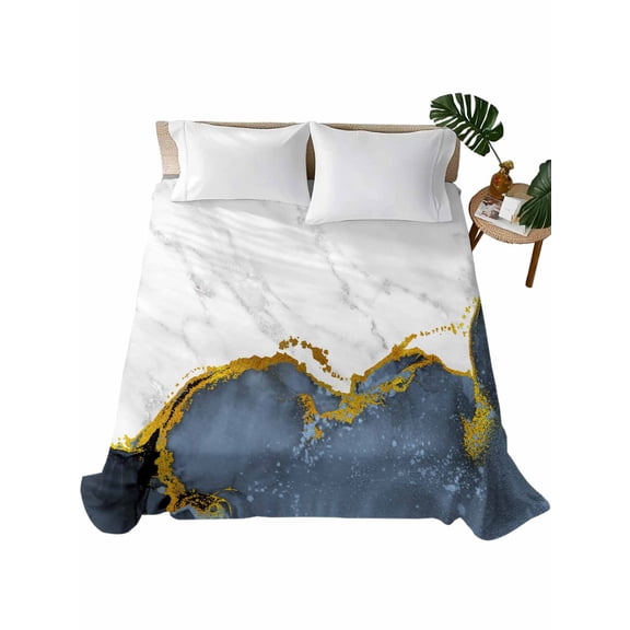 Queen Flat Sheet 90"x102", Blue Gold Marble Soft Lightweight Bedding Flat Sheets Only, Modern Abstract Marble Crack Texture Brushed Microfiber Top Bed Sheet, Breathable StainResistant Bedsheets
