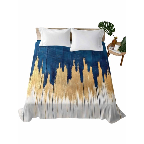 Queen Flat Sheet 90"x102", Blue Gold Soft Lightweight Bedding Flat Sheets Only, Modern Street Art Splatter Foil Painting Brushed Microfiber Top Bed Sheet, Breathable StainResistant Bedsheets