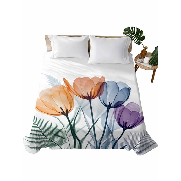 Queen Flat Sheet 90"x102", Blue Purple Tulip Soft Lightweight Bedding Flat Sheets Only, Orange Brown Floral Aesthetics Plant Brushed Microfiber Top Bed Sheet, Breathable StainResistant Bedsheets