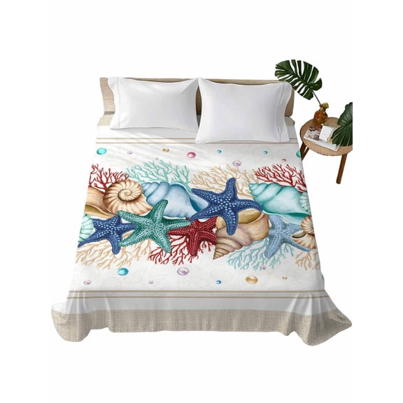 Queen Flat Sheet 90"x102", Blue Starfish Beach Soft Lightweight Bedding Flat Sheets Only, Summer Coral Conch Coastal Retro Beige Brushed Microfiber Top Bed Sheet, Breathable StainResistant Bedsheets