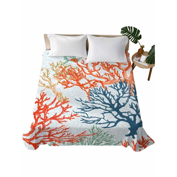 Queen Flat Sheet 90"x102", Boho Ocean Coral Soft Lightweight Bedding Flat Sheets Only, Orange Blue Ombre Green Polka Dots Brushed Microfiber Top Bed Sheet, Breathable StainResistant Bedsheets