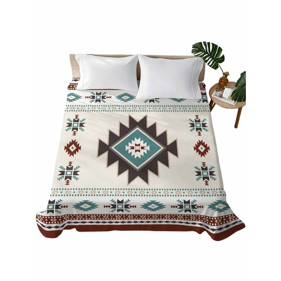 Queen Flat Sheet 90"x102", Boho Southwest Soft Lightweight Bedding Flat Sheets Only, Bohemian Country Geometric Motifs Brushed Microfiber Top Bed Sheet, Breathable StainResistant Bedsheets