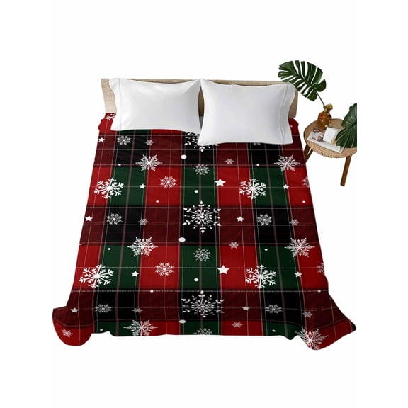 Queen Flat Sheet 90"x102", Buffalo Plaid Christmas Soft Lightweight Bedding Flat Sheets Only, Xmas Snowflake Red Green Brushed Microfiber Top Bed Sheet, Breathable StainResistant Bedsheets