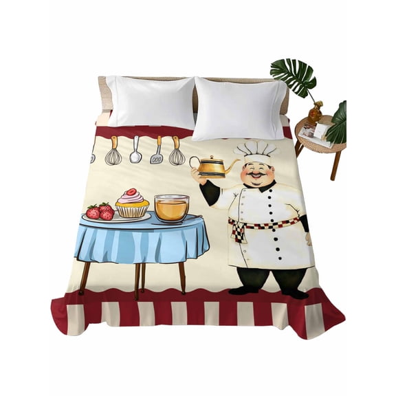 Queen Flat Sheet 90"x102", Chef Soft Lightweight Bedding Flat Sheets Only, Red Fruit Cake Hat Kitchen Gourmet Vintage Brushed Microfiber Top Bed Sheet, Breathable StainResistant Bedsheets