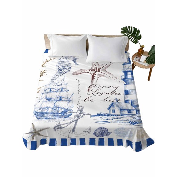 Queen Flat Sheet 90"x102", Coastal Blue Soft Lightweight Bedding Flat Sheets Only, Ocean Nautical Lighthouse Starfish Anchor Brushed Microfiber Top Bed Sheet, Breathable StainResistant Bedsheets