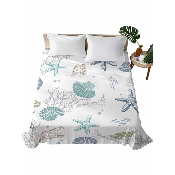 Queen Flat Sheet 90"x102", Coastal Starfish Soft Lightweight Bedding Flat Sheets Only, Ocean Coral Shell Beach Marine Life Brushed Microfiber Top Bed Sheet, Breathable StainResistant Bedsheets