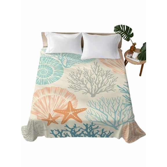 Queen Flat Sheet 90"x102", Coastal Turquoise Soft Lightweight Bedding Flat Sheets Only, Ocean Coral Starfish Shell Modern Sea Brushed Microfiber Top Bed Sheet, Breathable StainResistant Bedsheets