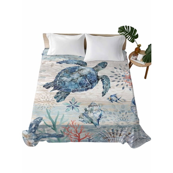 Queen Flat Sheet 90"x102", Coastal Turtle Soft Lightweight Bedding Flat Sheets Only, Rustic Nautical Starfish Conch Coral Wood Brushed Microfiber Top Bed Sheet, Breathable StainResistant Bedsheets