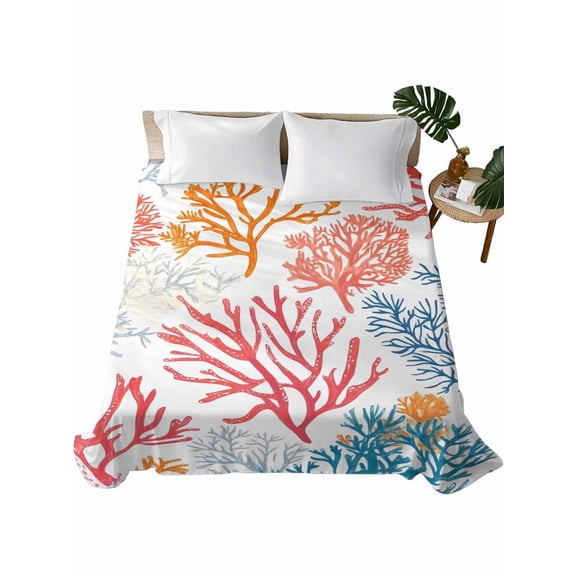 Queen Flat Sheet 90"x102", Colorful Coral Soft Lightweight Bedding Flat Sheets Only, Coastal Ocean Abstract Gradient Sea Brushed Microfiber Top Bed Sheet, Breathable StainResistant Bedsheets
