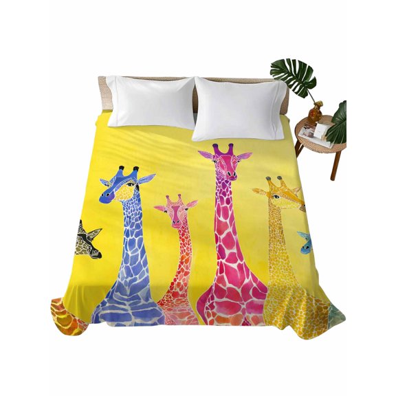 Queen Flat Sheet 90"x102", Colorful Giraffe Soft Lightweight Bedding Flat Sheets Only, Watercolor Cute Cartoon Yellow Brushed Microfiber Top Bed Sheet, Breathable StainResistant Bedsheets