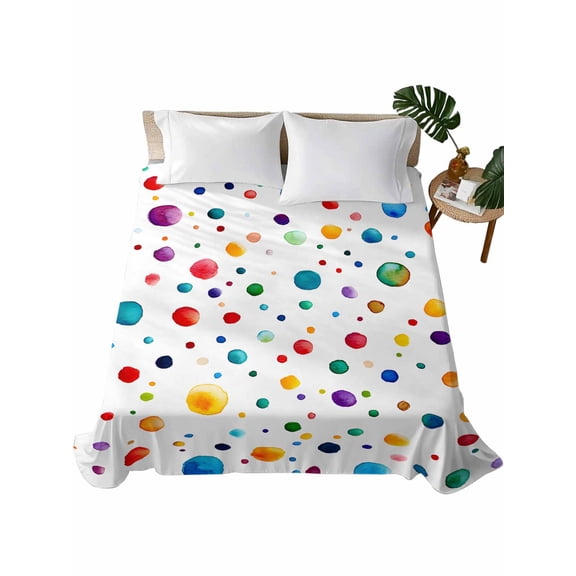 Queen Flat Sheet 90"x102", Colorful Polka Dot Soft Lightweight Bedding Flat Sheets Only, Rainbow Color Polka Dots Abstract Brushed Microfiber Top Bed Sheet, Breathable StainResistant Bedsheets
