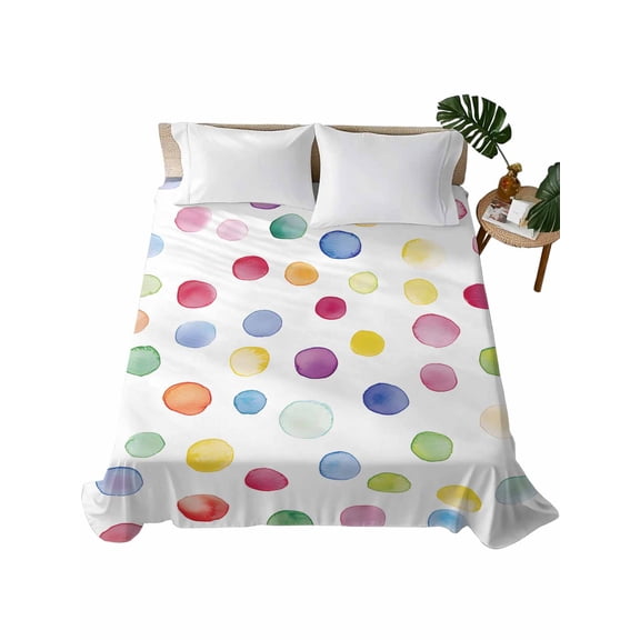 Queen Flat Sheet 90"x102", Colorful Polka Dot Soft Lightweight Bedding Flat Sheets Only, Rainbow Polka Dot Watercolor Brushed Microfiber Top Bed Sheet, Breathable StainResistant Bedsheets