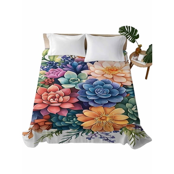 Queen Flat Sheet 90"x102", Colorful Summer Succulents Soft Lightweight Bedding Flat Sheets Only, Spring Floral Watercolor Brushed Microfiber Top Bed Sheet, Breathable StainResistant Bedsheets