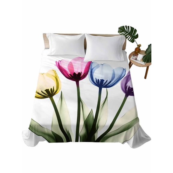Queen Flat Sheet 90"x102", Colorful Tulip Soft Lightweight Bedding Flat Sheets Only, Farmhouse Luxury Flowers Botanical Brushed Microfiber Top Bed Sheet, Breathable StainResistant Bedsheets