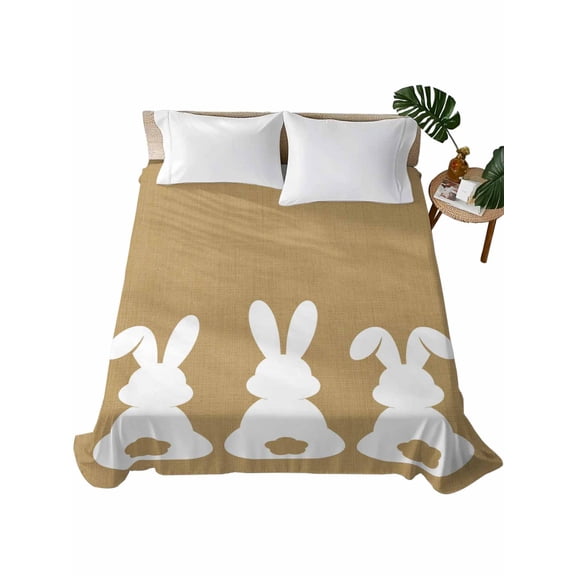 Queen Flat Sheet 90"x102", Easter Bunny Soft Lightweight Bedding Flat Sheets Only, Cute Rabbit Family Vintage Brown Abstract Brushed Microfiber Top Bed Sheet, Breathable StainResistant Bedsheets