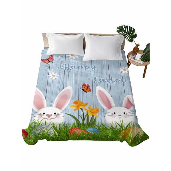 Queen Flat Sheet 90"x102", Easter Bunny Soft Lightweight Bedding Flat Sheets Only, Spring Easter Eggs Floral Blue Woodn Brushed Microfiber Top Bed Sheet, Breathable StainResistant Bedsheets