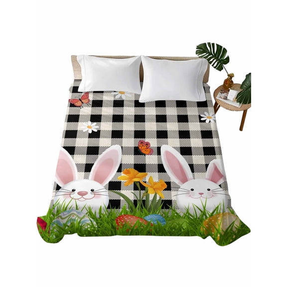 Queen Flat Sheet 90"x102", Easter Bunny Soft Lightweight Bedding Flat Sheets Only, Spring Easter Eggs Floral White Black Plaid Brushed Microfiber Top Bed Sheet, Breathable StainResistant Bedsheets