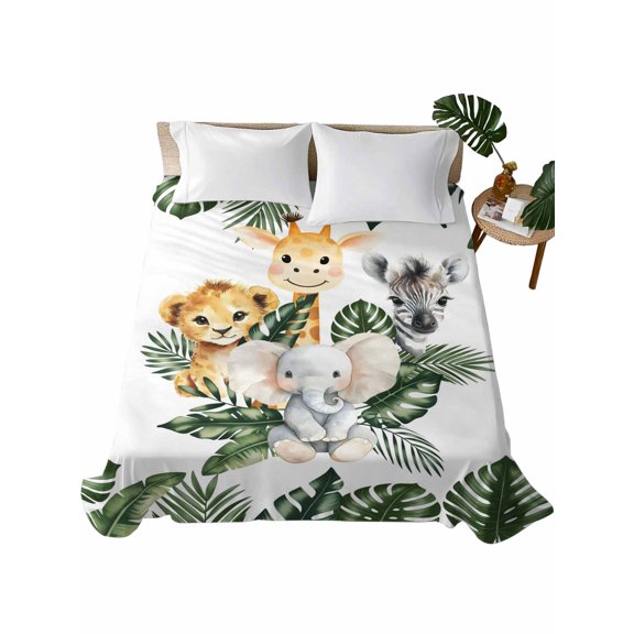 Queen Flat Sheet 90"x102", Elephant Giraffe Lion Soft Lightweight Bedding Flat Sheets Only, Eucalyptus Leaves Cute Animals Brushed Microfiber Top Bed Sheet, Breathable StainResistant Bedsheets