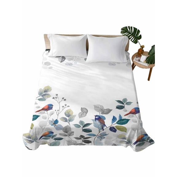 Queen Flat Sheet 90"x102", Eucalyptus Leaves Soft Lightweight Bedding Flat Sheets Only, Botanical Floral Plants Birds Country Brushed Microfiber Top Bed Sheet, Breathable StainResistant Bedsheets