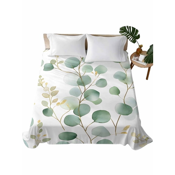 Queen Flat Sheet 90"x102", Eucalyptus Leaves Soft Lightweight Bedding Flat Sheets Only, Green Gold Spring Botanical Branch Brushed Microfiber Top Bed Sheet, Breathable StainResistant Bedsheets