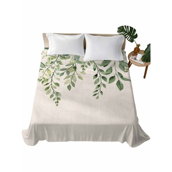 Queen Flat Sheet 90"x102", Eucalyptus Leaves Soft Lightweight Bedding Flat Sheets Only, Sage Green Spring Botanical Rustic Brushed Microfiber Top Bed Sheet, Breathable StainResistant Bedsheets