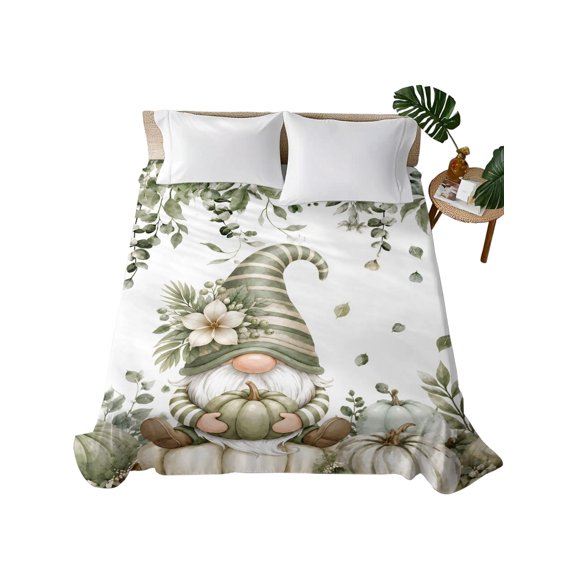 Queen Flat Sheet 90"x102", Fall Green Pumpkins Soft Lightweight Bedding Flat Sheets Only, Thanksgiving Autumn Gnomes Floral Leaf Brushed Microfiber Top Bed Sheet, Breathable StainResistant Bedsheets