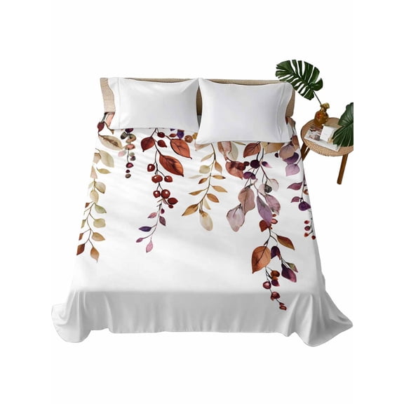 Queen Flat Sheet 90"x102", Fall Leaves Soft Lightweight Bedding Flat Sheets Only, Farmhouse Watercolor Leaf Fruit Berry Plant Brushed Microfiber Top Bed Sheet, Breathable StainResistant Bedsheets