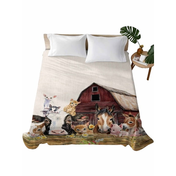 Queen Flat Sheet 90"x102", Farm Cow Pig Soft Lightweight Bedding Flat Sheets Only, Farmhouse Animals Retro Fench Wood Bran Brushed Microfiber Top Bed Sheet, Breathable StainResistant Bedsheets