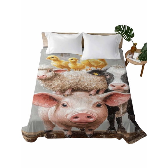 Queen Flat Sheet 90"x102", Farm Pig Cow Soft Lightweight Bedding Flat Sheets Only, Funny Cute Animals Chicken Oil Painting Brushed Microfiber Top Bed Sheet, Breathable StainResistant Bedsheets