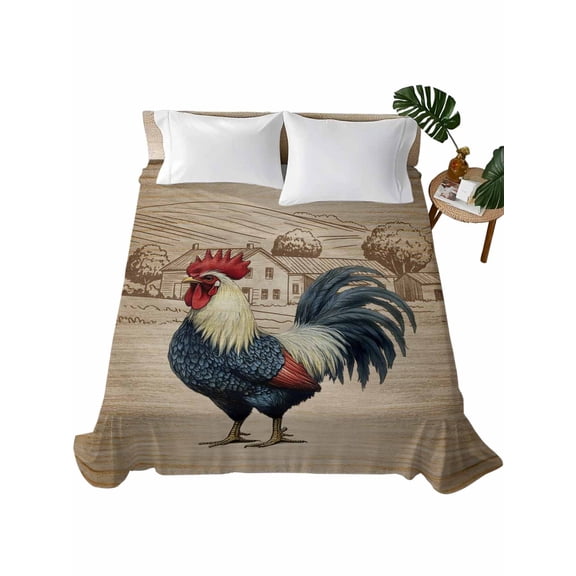 Queen Flat Sheet 90"x102", Farm Roosters Soft Lightweight Bedding Flat Sheets Only, Farmhouse Farm Chicken Countryside Retro Brushed Microfiber Top Bed Sheet, Breathable StainResistant Bedsheets