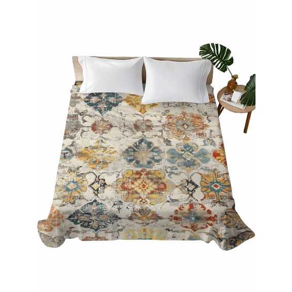 Queen Flat Sheet 90"x102", Farmhouse Morocco Soft Lightweight Bedding Flat Sheets Only, Boho Abstract Shabby Texture Art Brushed Microfiber Top Bed Sheet, Breathable StainResistant Bedsheets