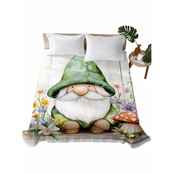 Queen Flat Sheet 90"x102", Gnomes Mushroom Soft Lightweight Bedding Flat Sheets Only, Spring Country Flower Herb Wooden Grain Brushed Microfiber Top Bed Sheet, Breathable StainResistant Bedsheets