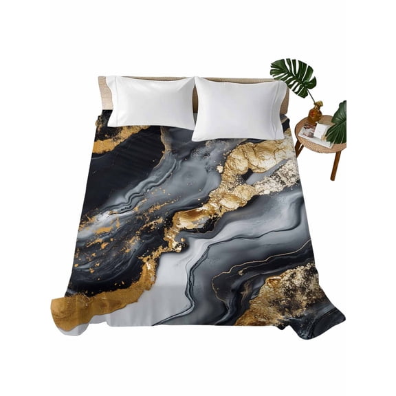Queen Flat Sheet 90"x102", Gray Marble Soft Lightweight Bedding Flat Sheets Only, Yellow Modern Ink Painting Abstract Art Brushed Microfiber Top Bed Sheet, Breathable StainResistant Bedsheets