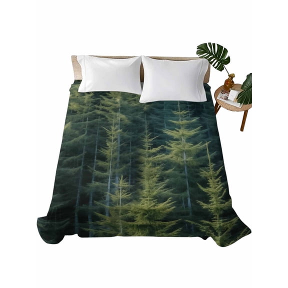 Queen Flat Sheet 90"x102", Green Forest Soft Lightweight Bedding Flat Sheets Only, Pine Tree Summer Botanical Modern Art Brushed Microfiber Top Bed Sheet, Breathable StainResistant Bedsheets