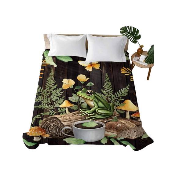 Queen Flat Sheet 90"x102", Green Frog Soft Lightweight Bedding Flat Sheets Only, Butterfly Plant Flowers Mushroom Coffee Brown Brushed Microfiber Top Bed Sheet, Breathable StainResistant Bedsheets