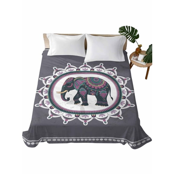 Queen Flat Sheet 90"x102", Grey Elephants Soft Lightweight Bedding Flat Sheets Only, Modern Geometric Ethnic Animals National Brushed Microfiber Top Bed Sheet, Breathable StainResistant Bedsheets