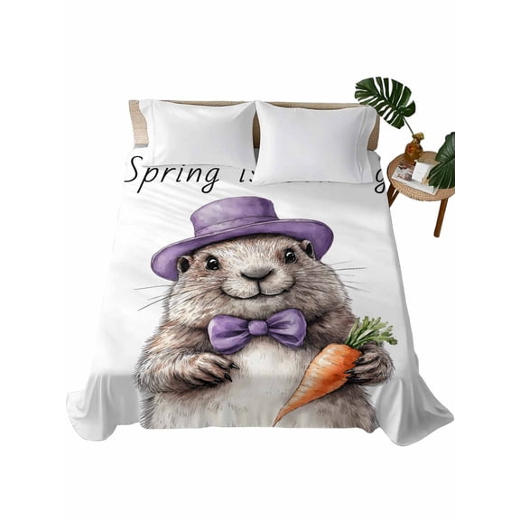 Queen Flat Sheet 90"x102", Groundhog Day Soft Lightweight Bedding Flat Sheets Only, Spring Cute Grey Animals Carrot Brushed Microfiber Top Bed Sheet, Breathable StainResistant Bedsheets