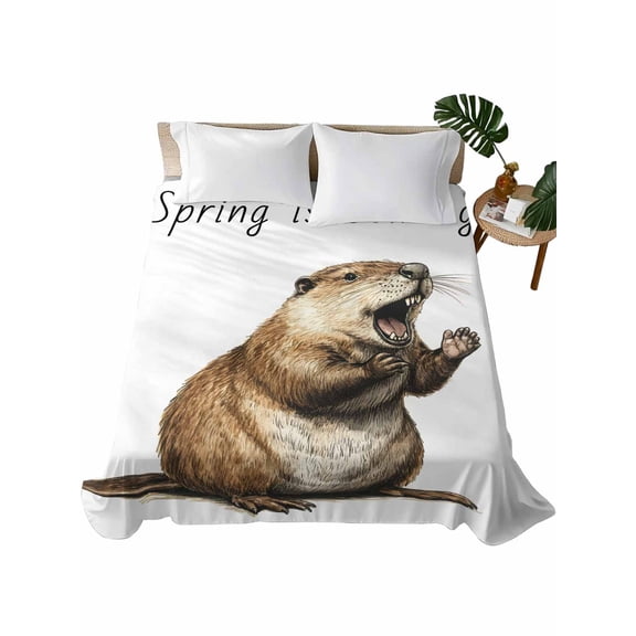 Queen Flat Sheet 90"x102", Happy Groundhog Day Soft Lightweight Bedding Flat Sheets Only, February Spring Party Cute Animals Brushed Microfiber Top Bed Sheet, Breathable StainResistant Bedsheets