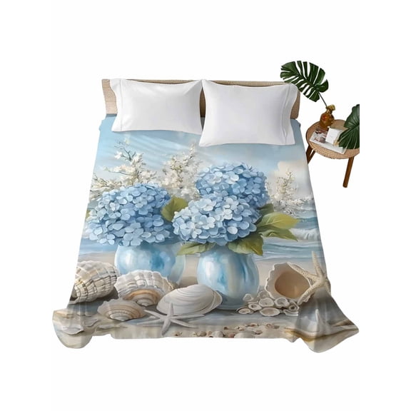 Queen Flat Sheet 90"x102", Hydrangeas Flowers Soft Lightweight Bedding Flat Sheets Only, Coastal Seaside Starfish Summer Brushed Microfiber Top Bed Sheet, Breathable StainResistant Bedsheets