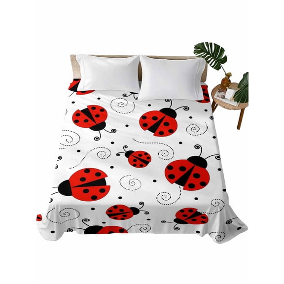Queen Flat Sheet 90"x102", Ladybug Soft Lightweight Bedding Flat Sheets Only, Cartoon Red Black Dots Animals Modern Simple Brushed Microfiber Top Bed Sheet, Breathable StainResistant Bedsheets