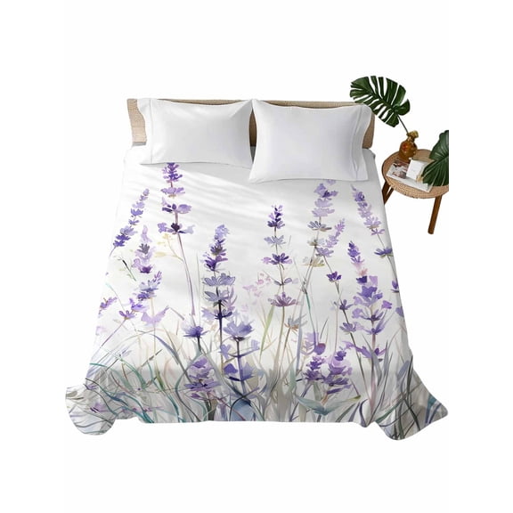 Queen Flat Sheet 90"x102", Lavender Floral Soft Lightweight Bedding Flat Sheets Only, Spring Flowers Botanical Plants Brushed Microfiber Top Bed Sheet, Breathable StainResistant Bedsheets