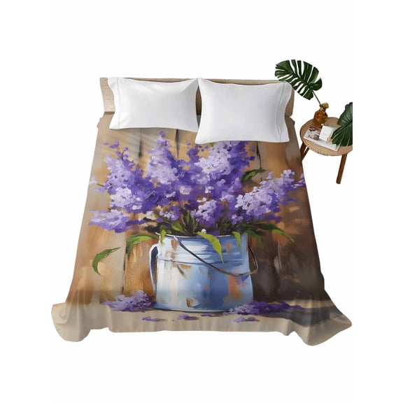 Queen Flat Sheet 90"x102", Lavender Soft Lightweight Bedding Flat Sheets Only, Spring Floral Purple Watercolor Vintage Brushed Microfiber Top Bed Sheet, Breathable StainResistant Bedsheets