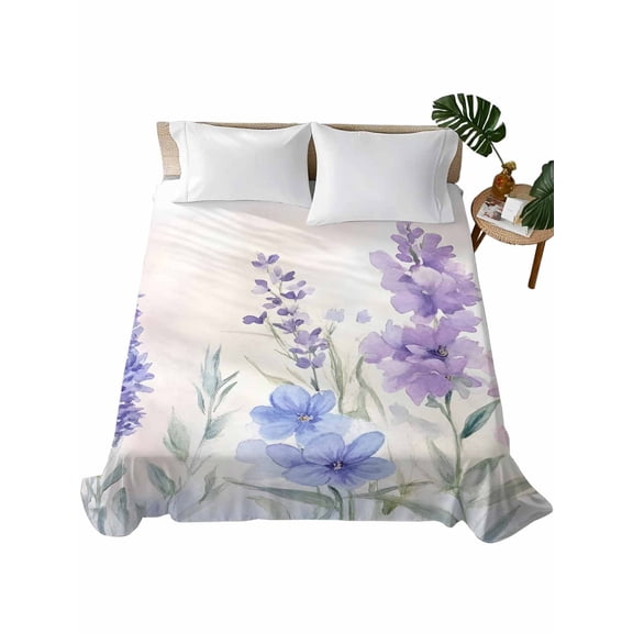 Queen Flat Sheet 90"x102", Lavender Spring Soft Lightweight Bedding Flat Sheets Only, Farmhouse Pastoral Pastel Flowers Brushed Microfiber Top Bed Sheet, Breathable StainResistant Bedsheets